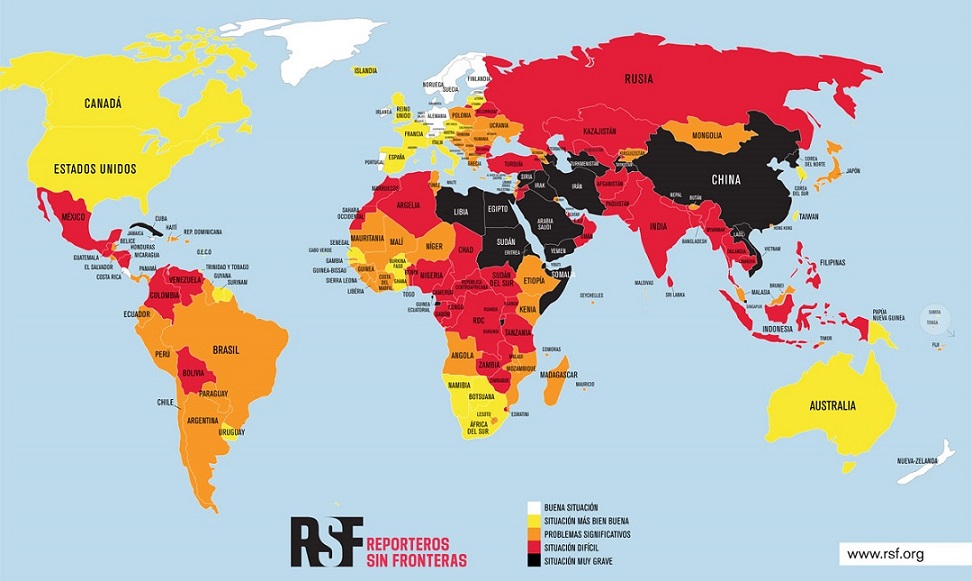 Mapa de la Libertad de Prensa en el mundo 2020, elaborado por Reporteros Sin Fronteras. (RSF)