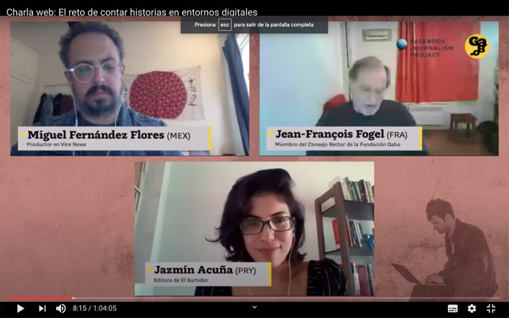 Los tres invitados por la Fundación Gabo durante el webinar.