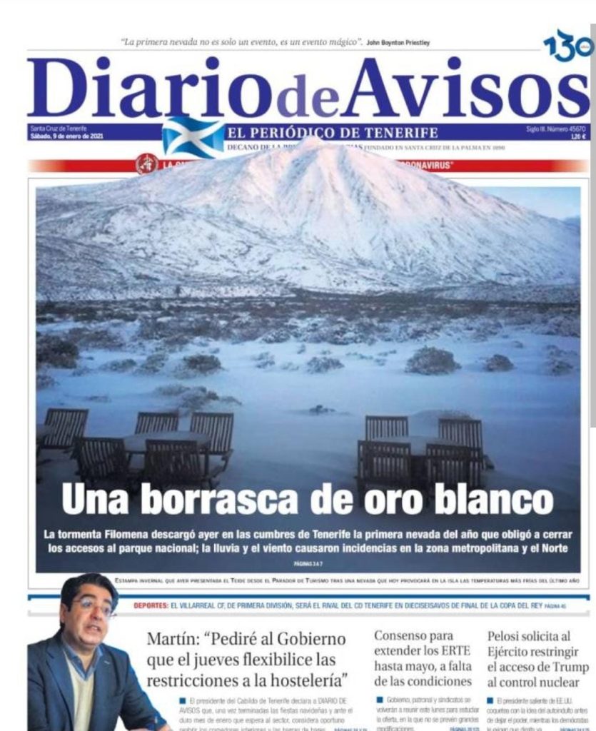 Portada de Diario de Avisos del 9 de enero de 2021.