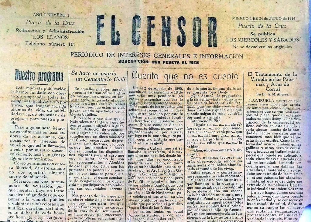 Portada del primer número del periódico El Censor. (ULL)