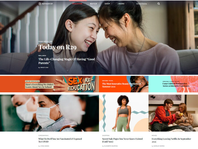 Portada de Refinery29, una página web estadounidense de moda, estilo y belleza que sigue el formato de boletín informativo.