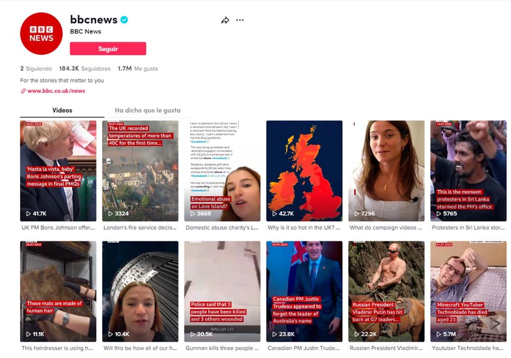 Cuenta de BBC News en TikTok. (LABORATORIO DE PERIODISMO)