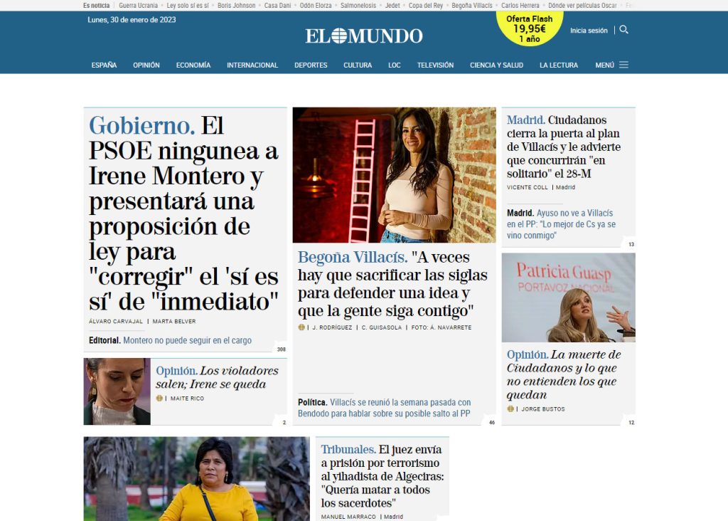 Portada de la edición en Internet de El Mundo.