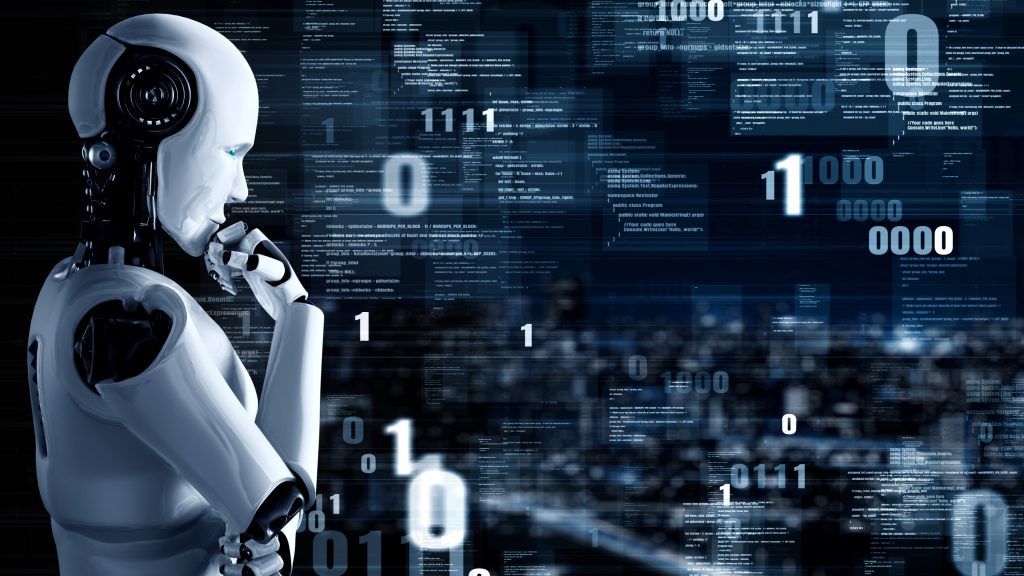 Futuristic robot artificial intelligence huminoid AI programming coding technology development and machine learning concept. Robotic bionic science research for future of human life. 3D rendering.