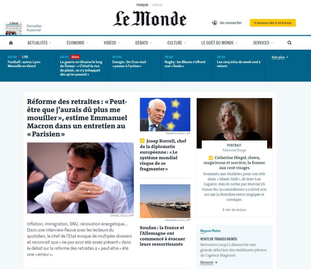 Portada de la edición digital de Le Monde.