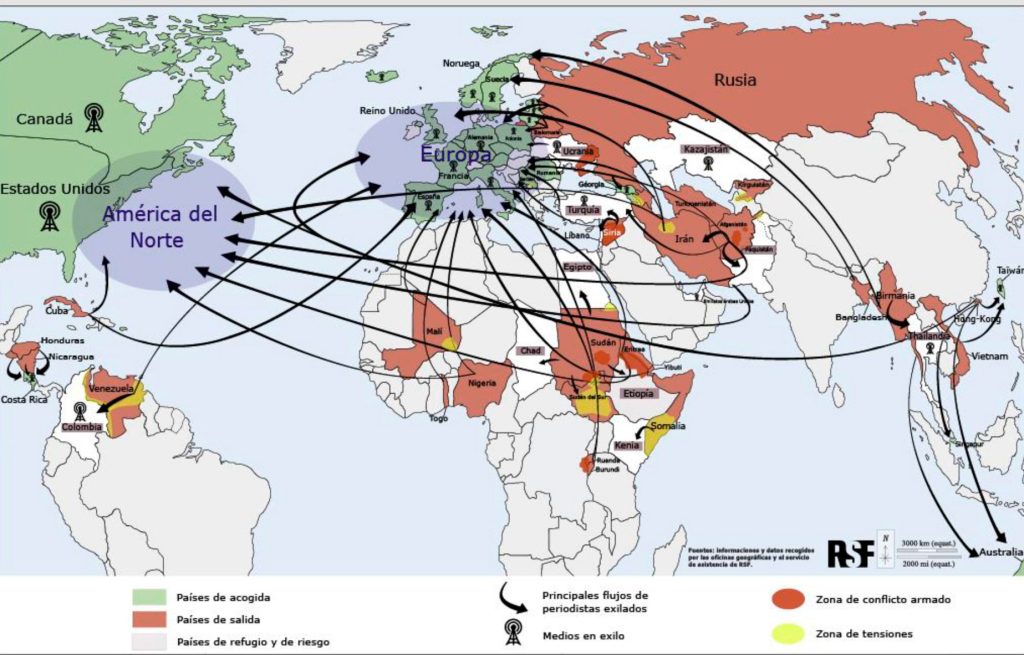 Mapa de los flujos migratorios de los periodistas. (RSF)