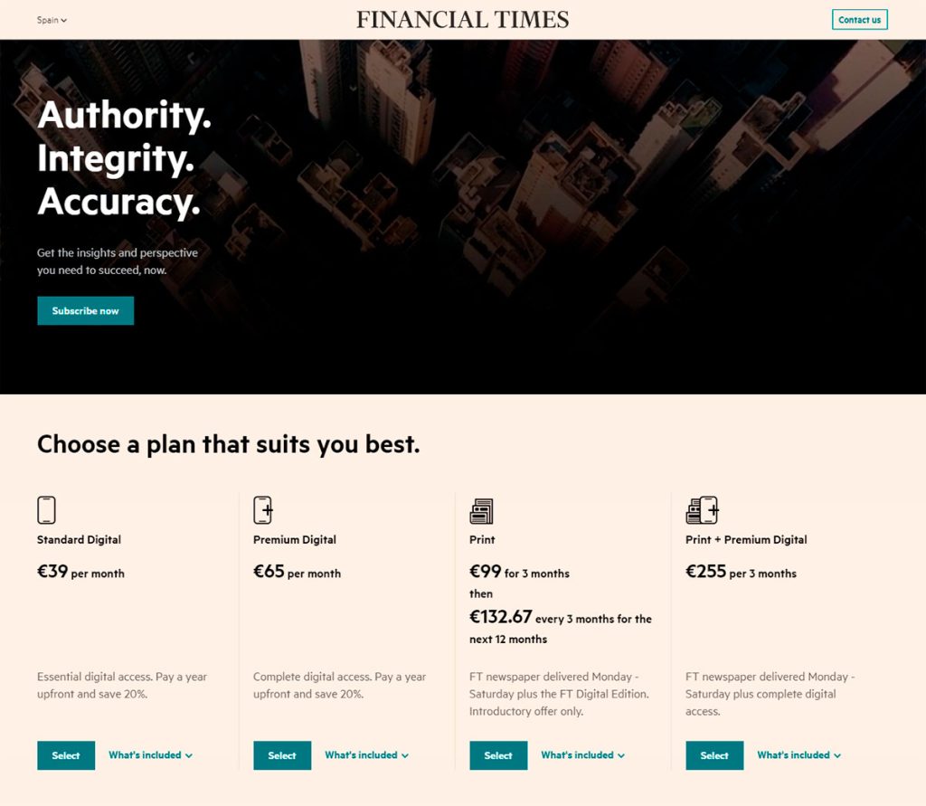 Página de suscripciones a Financial Times.