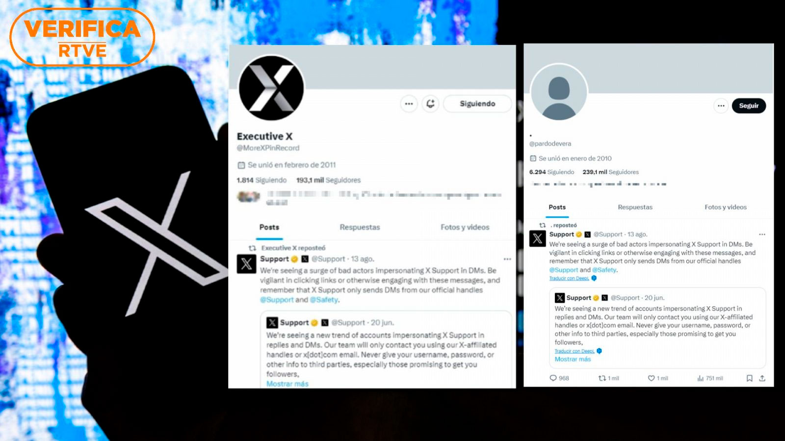 Aspecto de las cuentas hackeadas de Almudena Ariza y de Ana Pardo de Vera. (VERIFICARTVE)