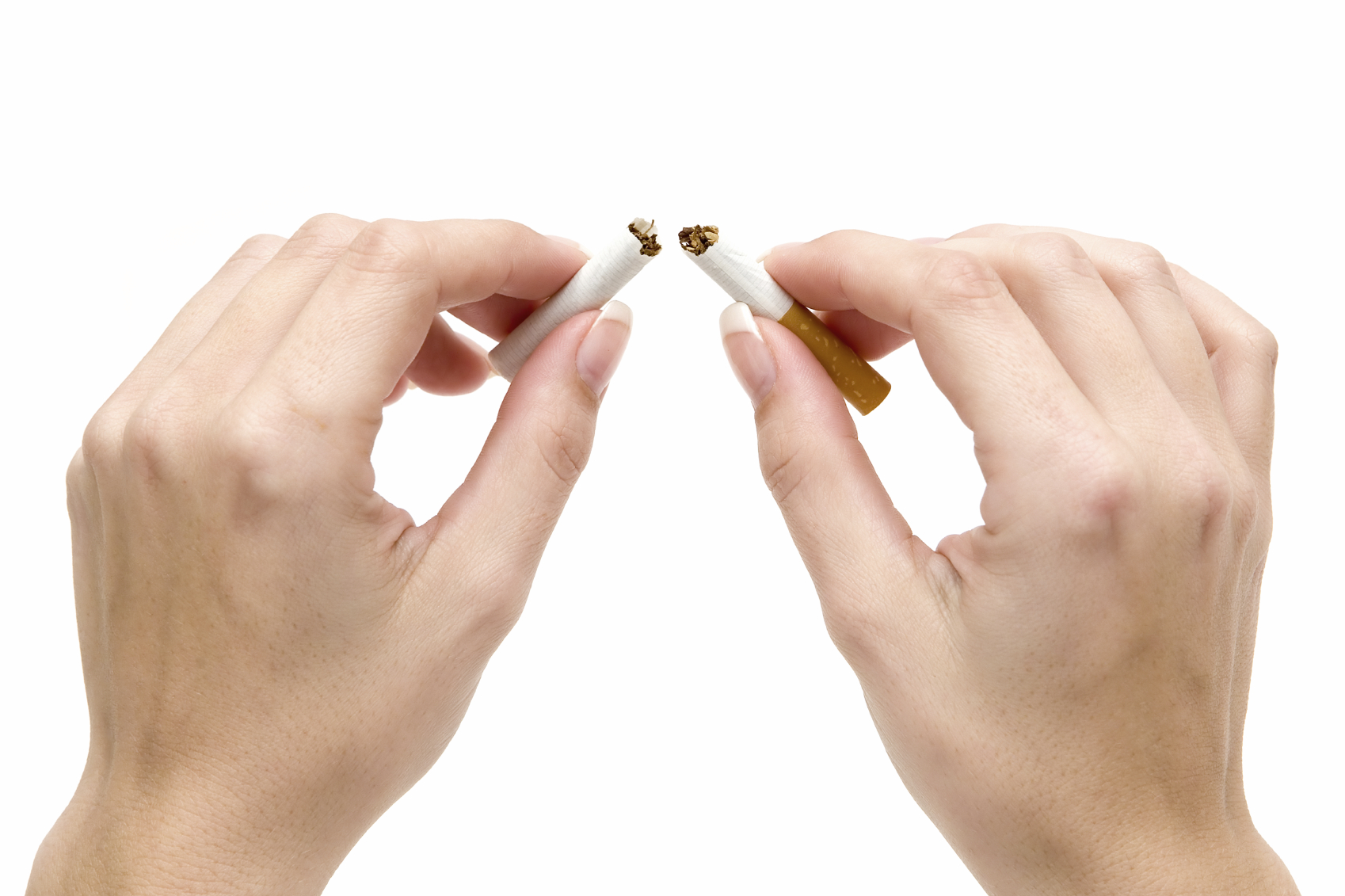 Woman breaking a cigarette. Isolated on a white background.