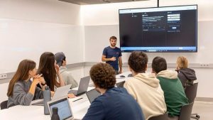 Un profesor da clase a alumnos de la Facultad de Comunicación de la Universidad de Navarra