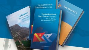Cubiertas de los cuatro volúmenes de Juan Carlos Díaz Lorenzo sobre historia de la compañía Fred. Olsen en Canarias
